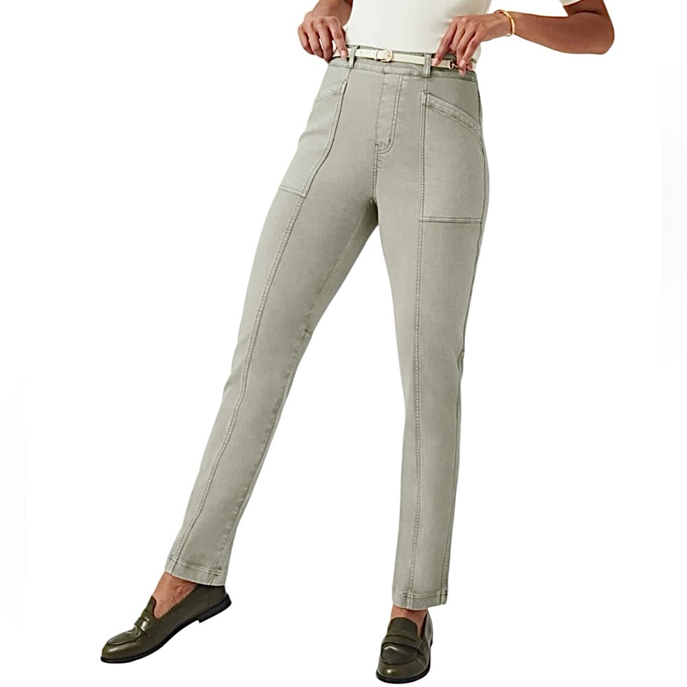 SPANX High Rise Stretch Twill Slim Straight Green Ankle Pants Size Medium NWOT